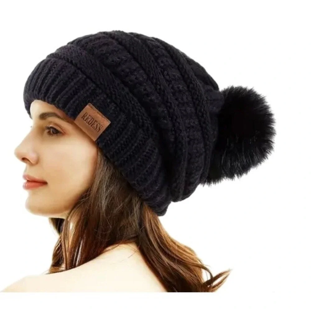 Winter Cozy Warm Pom Pom Pink‎ Beanie Hat Knit Fleece Lined Slouchy Skiing NWT